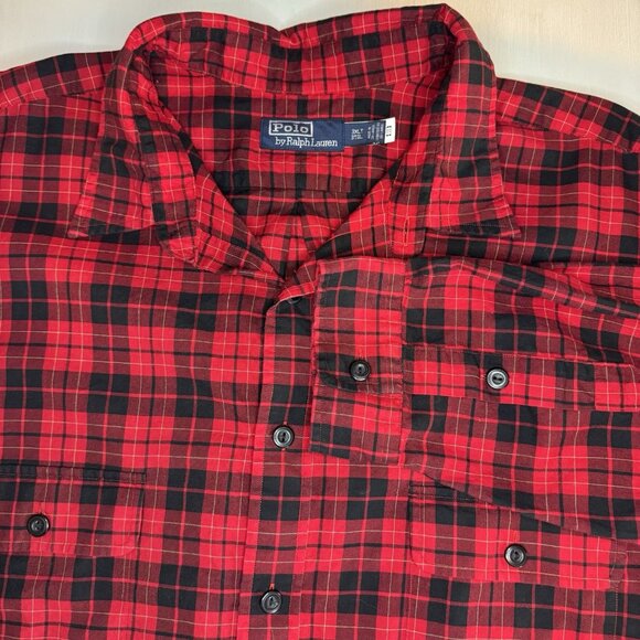 Polo Ralph Lauren Button Up Shirt Mens 3XLT Red Black Plaid Flannel Long Sleeve - Picture 1 of 13